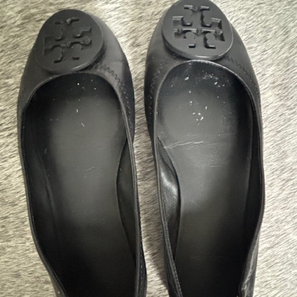 Tory Burch Black Leather Minnie Travel Ballet Flats